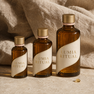 Huile de massage LUMIA RITUAL versée dans une coupelle en grès ivoire, lumière naturelle