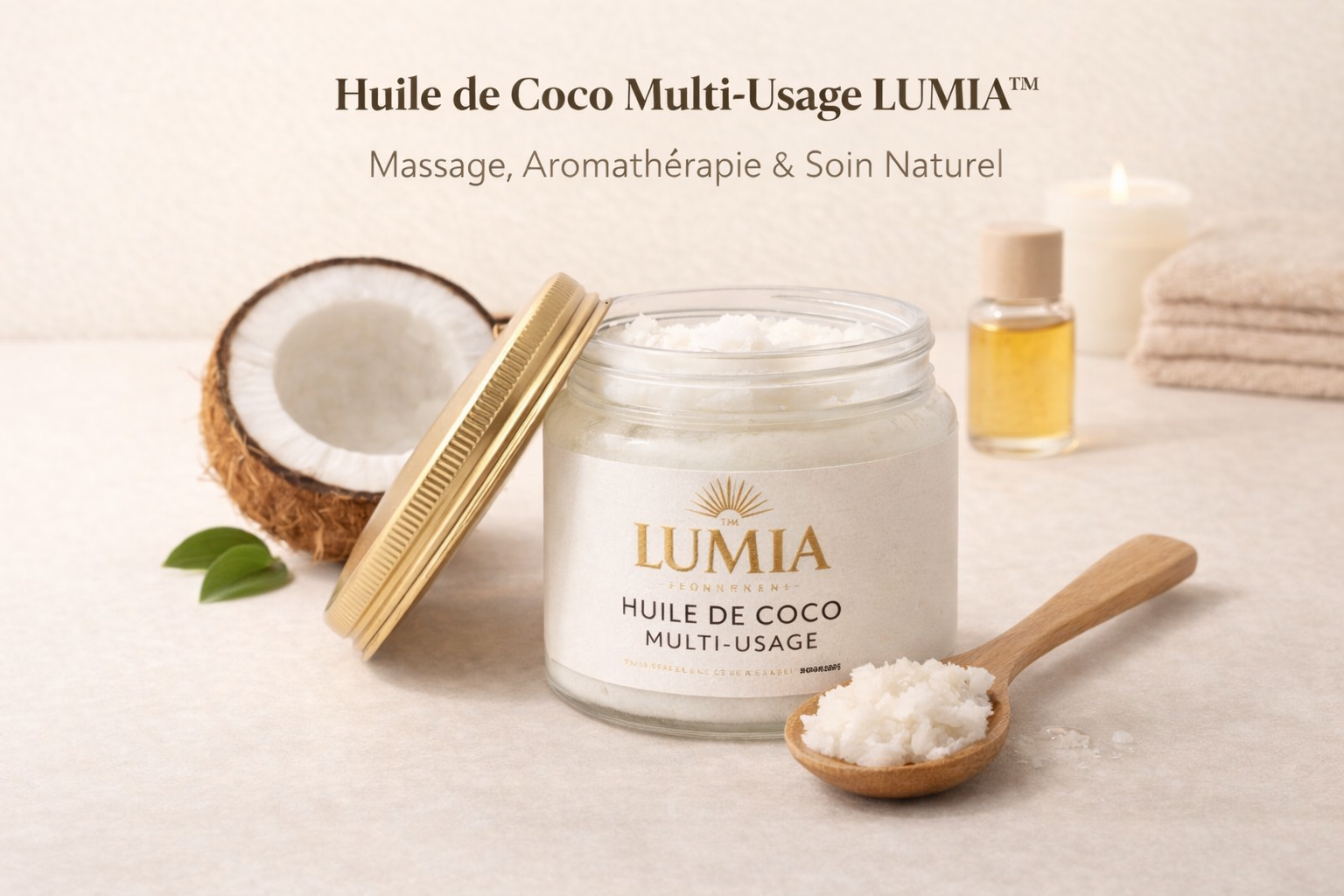 Huile de Coco Multi-Usage LUMIA™ – Massage, Aromathérapie & Soin Naturel