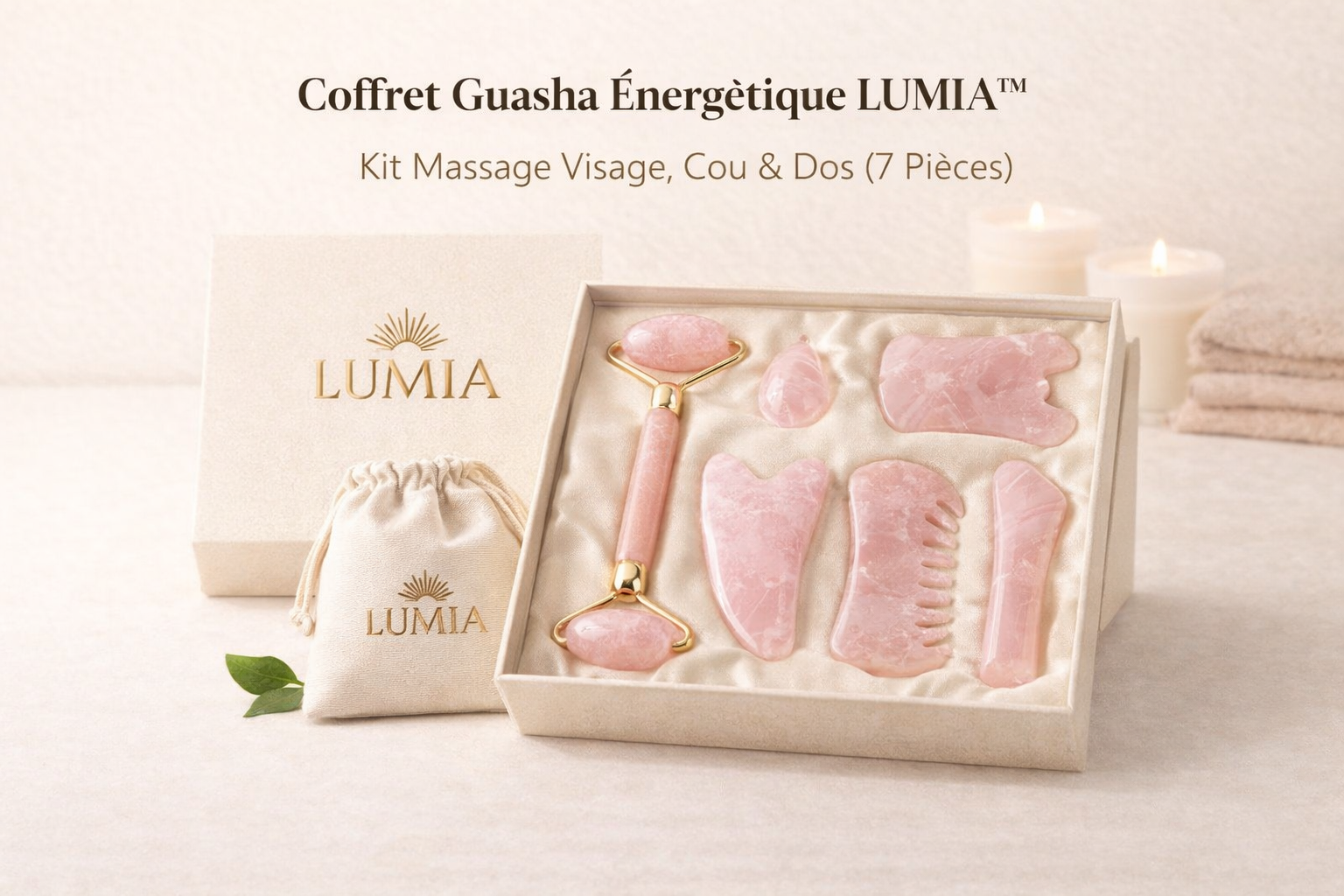 Coffret Guasha Énergétique LUMIA™ – Kit Massage Visage, Cou & Dos (7 Pièces)