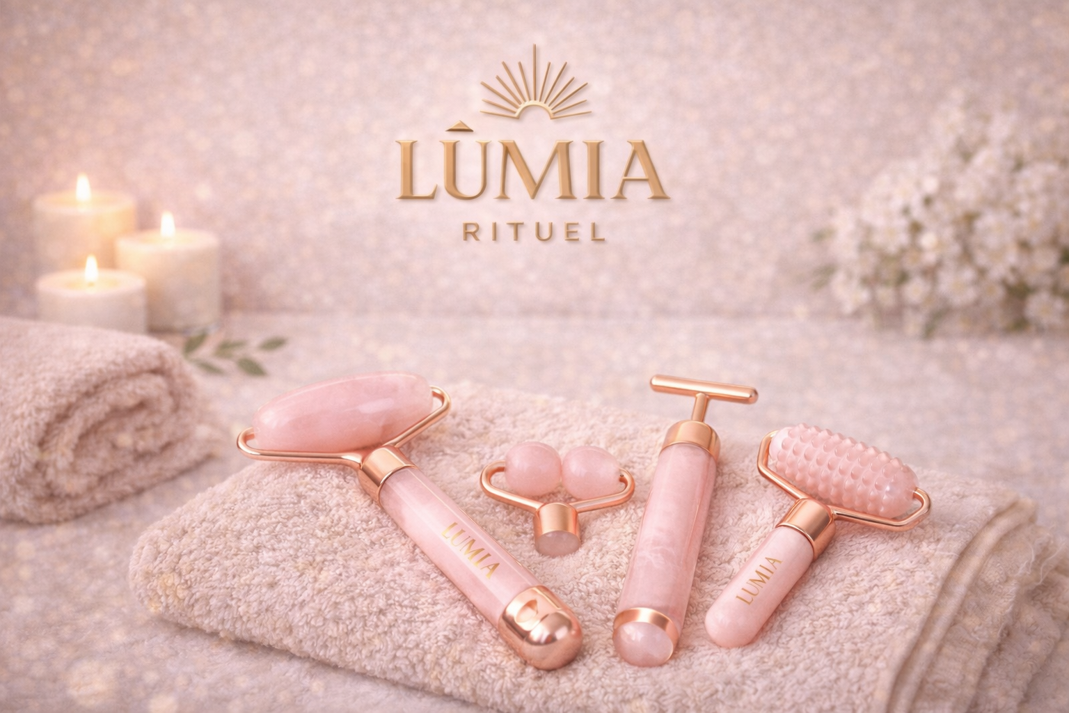 Rouleau de Quartz Rose Vibrant 4-en-1 LUMIA™ – Massage Visage & Regard, Rituel Beauté