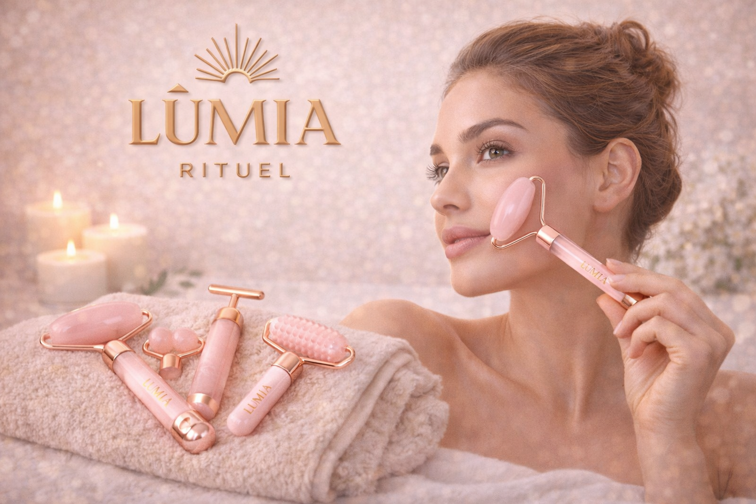 Rouleau de Quartz Rose Vibrant 4-en-1 LUMIA™ – Massage Visage & Regard, Rituel Beauté