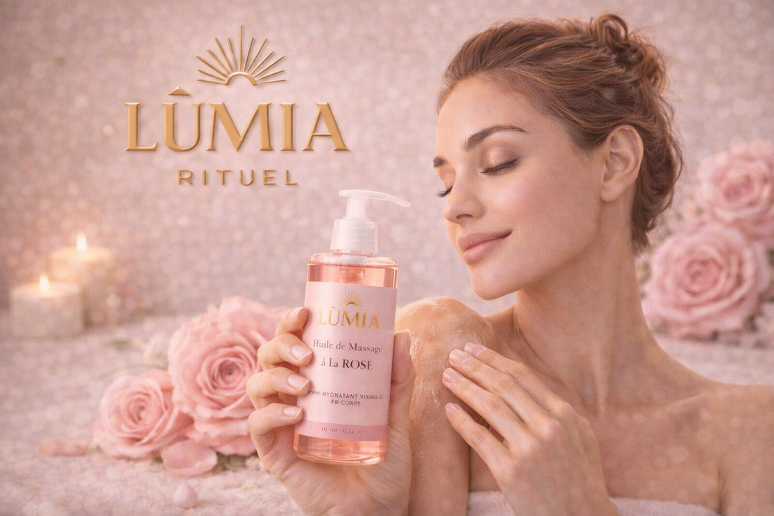 Huile de Massage à la Rose LUMIA™ – Soin Hydratant Visage & Corps, Rituel Douceur