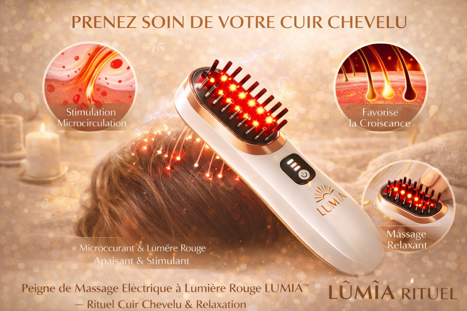 Peigne de Massage Électrique à Lumière Rouge LUMIA™ – Rituel Cuir Chevelu & Relaxation